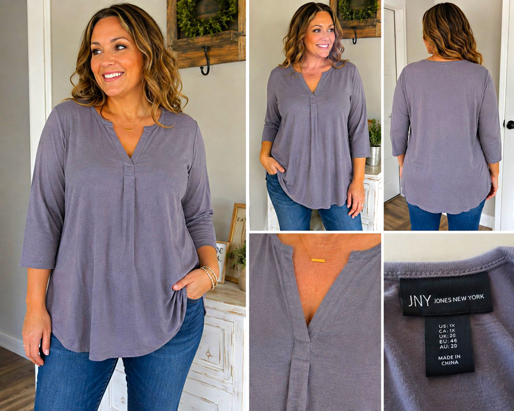 JNY Jones New York Women’s 1X Gray Purple 3/4 Sleeve V-Neck Tunic Top Plus Size